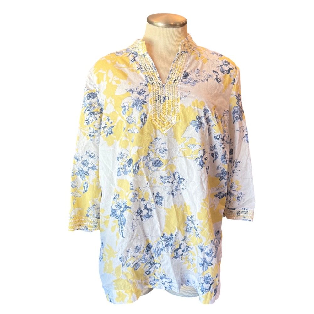 Charter Club Floral Tunic Top‎ Sequin Neckline Casual Blouse Size L Blue Yellow